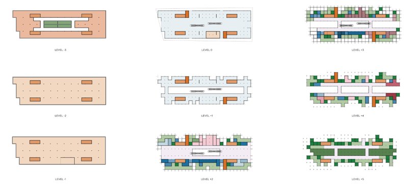 Functional diversity across levels—markets, workshops, vertical farms, seed archives—mapped in a modular spatial grid.