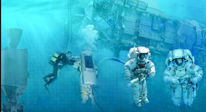 Training for space: Astronauts and divers simulate a zero-gravity environment underwater, preparing for missions beyond Earth.