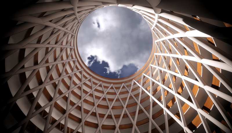 The Canopy of Eternity – A breathtaking view from within The Nest, showcasing its sustainable and symbolic lattice design.