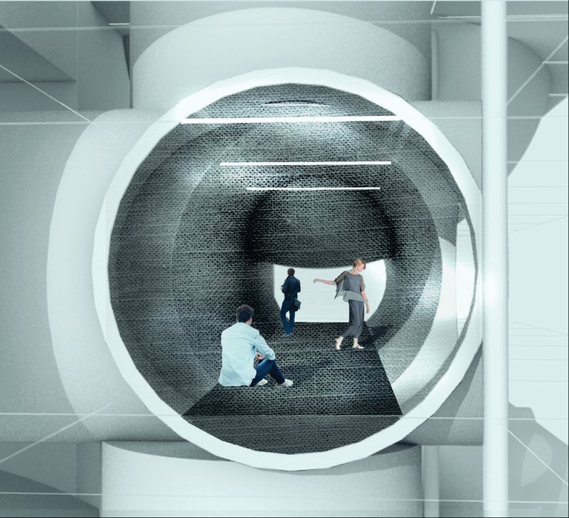 Circular portal lined with textured dark tiles as three visitors pass through the white framed opening