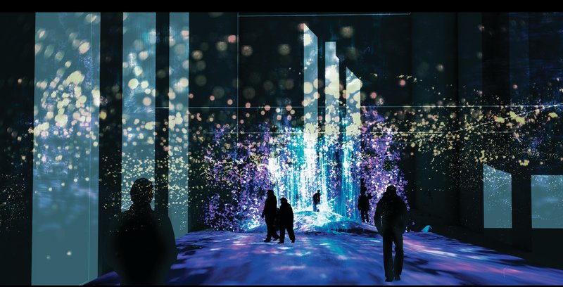 Mirrored gallery space with glowing vertical light columns and ceiling projections as silhouettes move through
