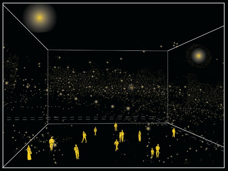Axonometric diagram depicting yellow human figures distributed across a starfield representing spatial relationships