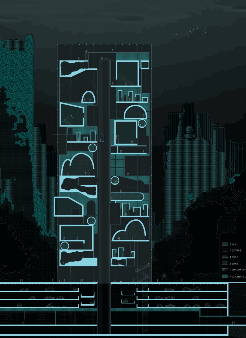 Section drawing in turquoise highlighting vaulted chambers and connecting spaces across multiple levels