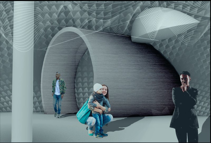 Curved wall surface with horizontal brick pattern and pyramidal textured panels as visitors gather in shadow