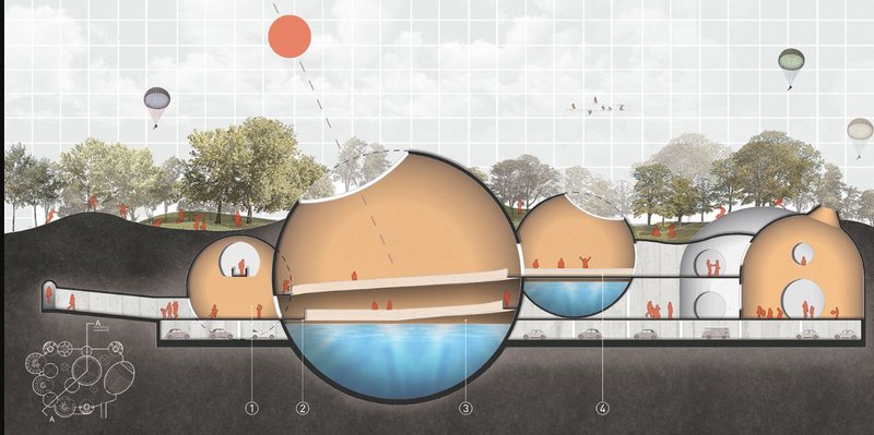 Underground Sanctuary – A sectional view showcasing the serene, dome-shaped subterranean memorial spaces with water features.