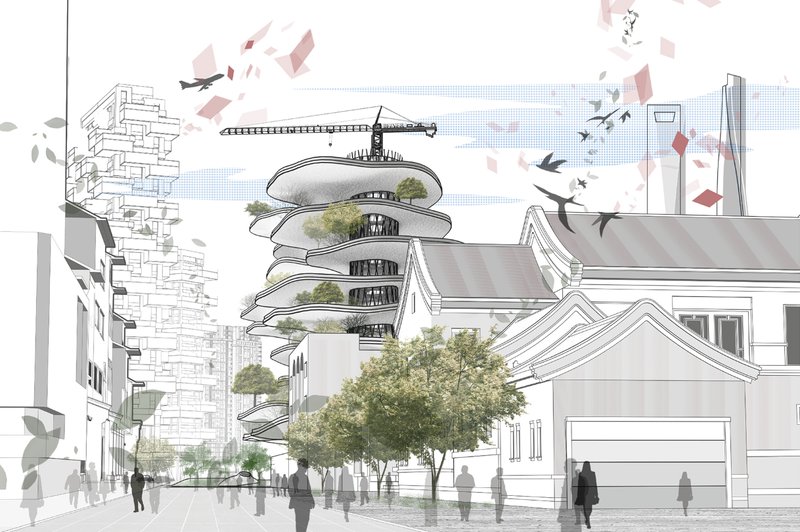 Elevated Remembrance – A vertical cemetery integrating nature and urban aesthetics in a multi-tiered architectural design.