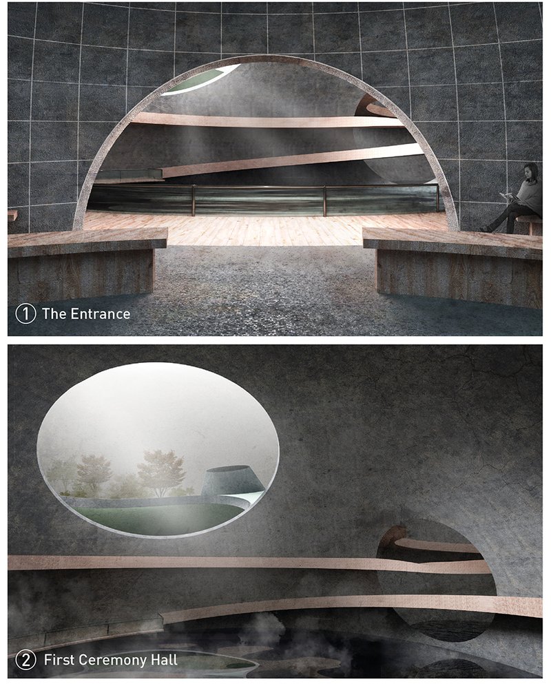 Sacred Entrance &amp; Ceremony Hall – Immersive architectural spaces for reflection and honoring the departed.