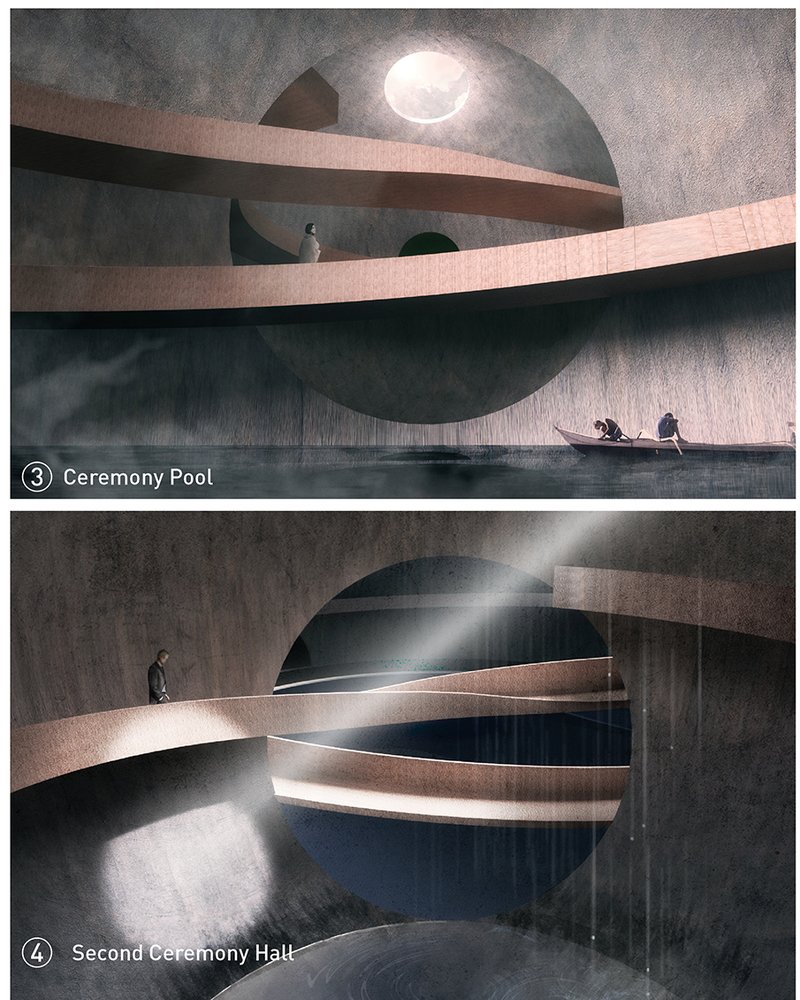 Ceremonial Pool &amp; Light Corridor – A symbolic water feature and cascading light effect creating a tranquil, sacred atmosphere.