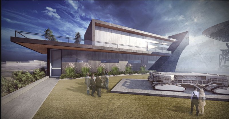 Futuristic Space Center – A cutting-edge architectural design integrating sustainability and cosmic exploration.