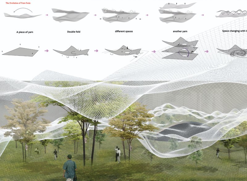 A Living Memorial – Trees and greenery interwoven with an airy, net-like structure for a sustainable future.