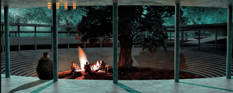 Eternal Reflection – A serene amphitheater with a fire at its heart, inviting contemplation under a starry sky.