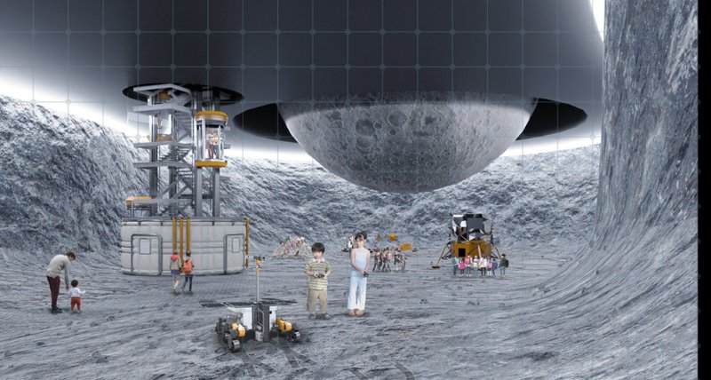 Rendering of a crater-like interior with visitors beneath a suspended spherical planetarium dome