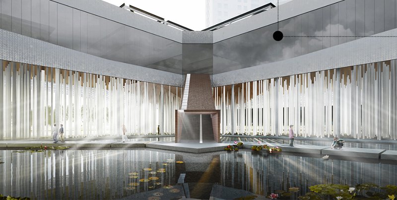 A Reflective Sanctuary – A tranquil inner courtyard harmonizing natural light, water, and biophilic design.