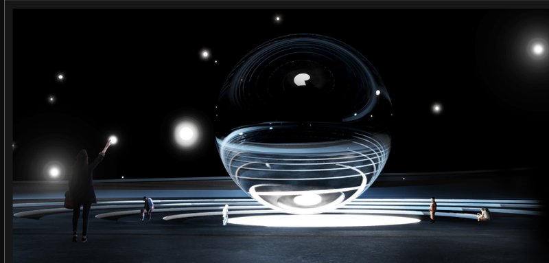 The glowing sphere marks the gateway to the universe—step into the void beneath Earth.