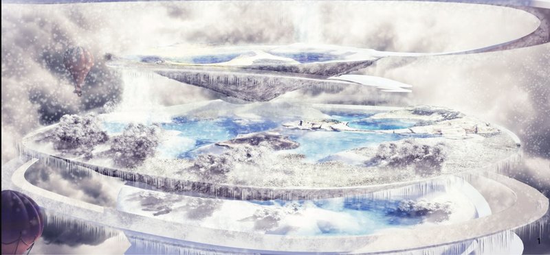 Layered Water Cemetery Concept – A futuristic vision of sustainable, water-integrated memorial spaces.