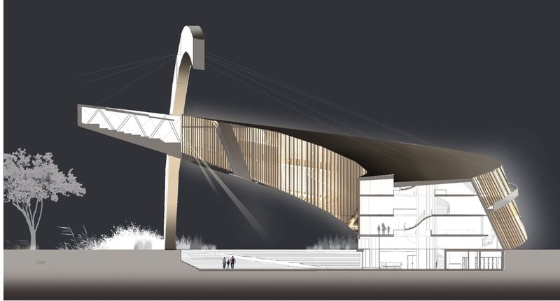 Futuristic Museum Design – A sectional view showcasing the innovative architecture of Moontrip, inspired by the NASA logo.