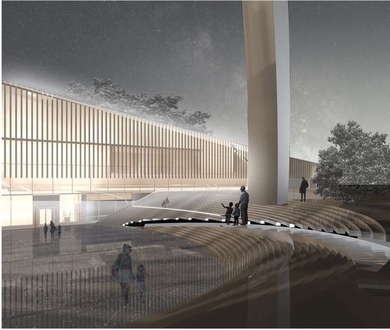 Interactive Learning Plaza – A night-time perspective of the museum entrance, designed to spark curiosity and engagement.