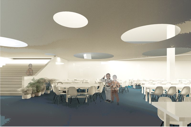 Space-Themed Dining Area – A futuristic cafeteria featuring circular skylights, enhancing the space-exploration theme.