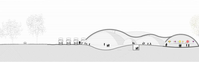 Sectional Perspective – A cross-section revealing the inflatable architecture and interactive space within the structure.