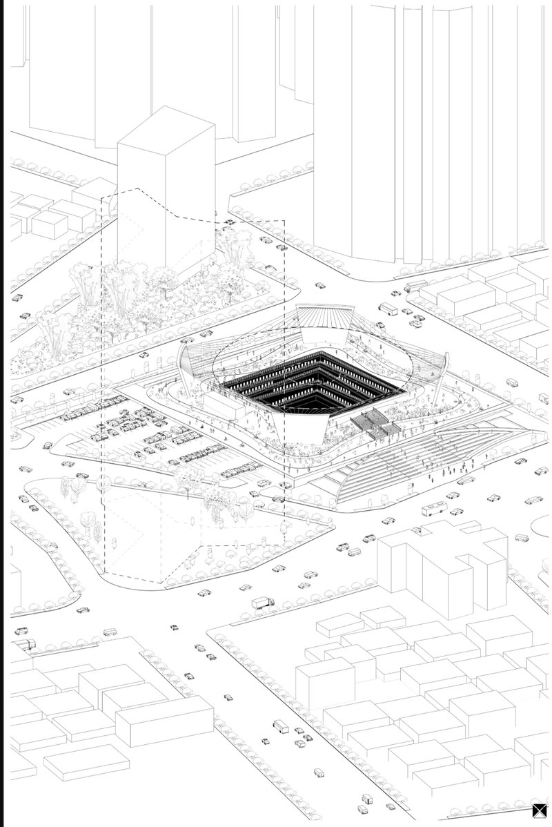 Urban Integration – Axonometric drawing illustrating the cemetery’s seamless integration within the city’s urban fabric.