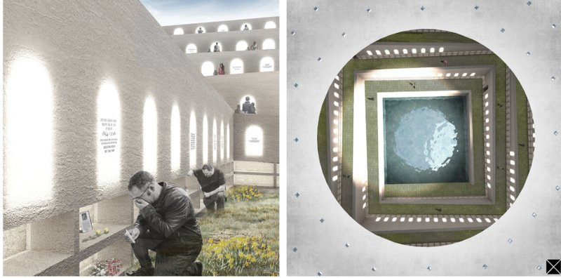 Commemorative Spaces – Illuminated niches and a reflective water feature create a tranquil environment for remembrance.