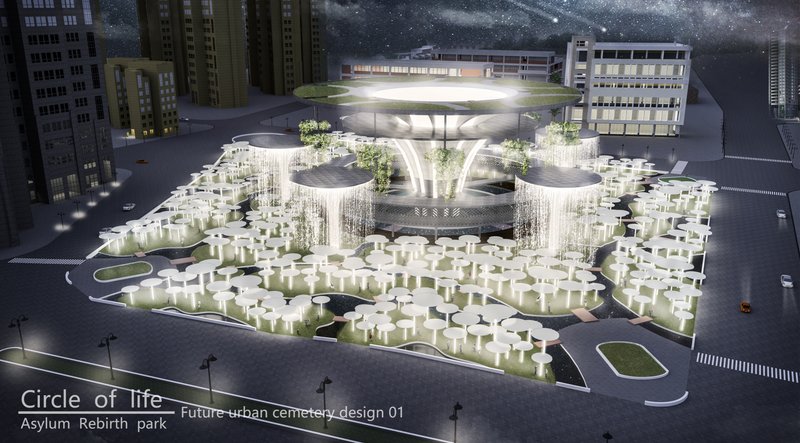 Futuristic Urban Cemetery – A visionary blend of memorial architecture and sustainable urban design.