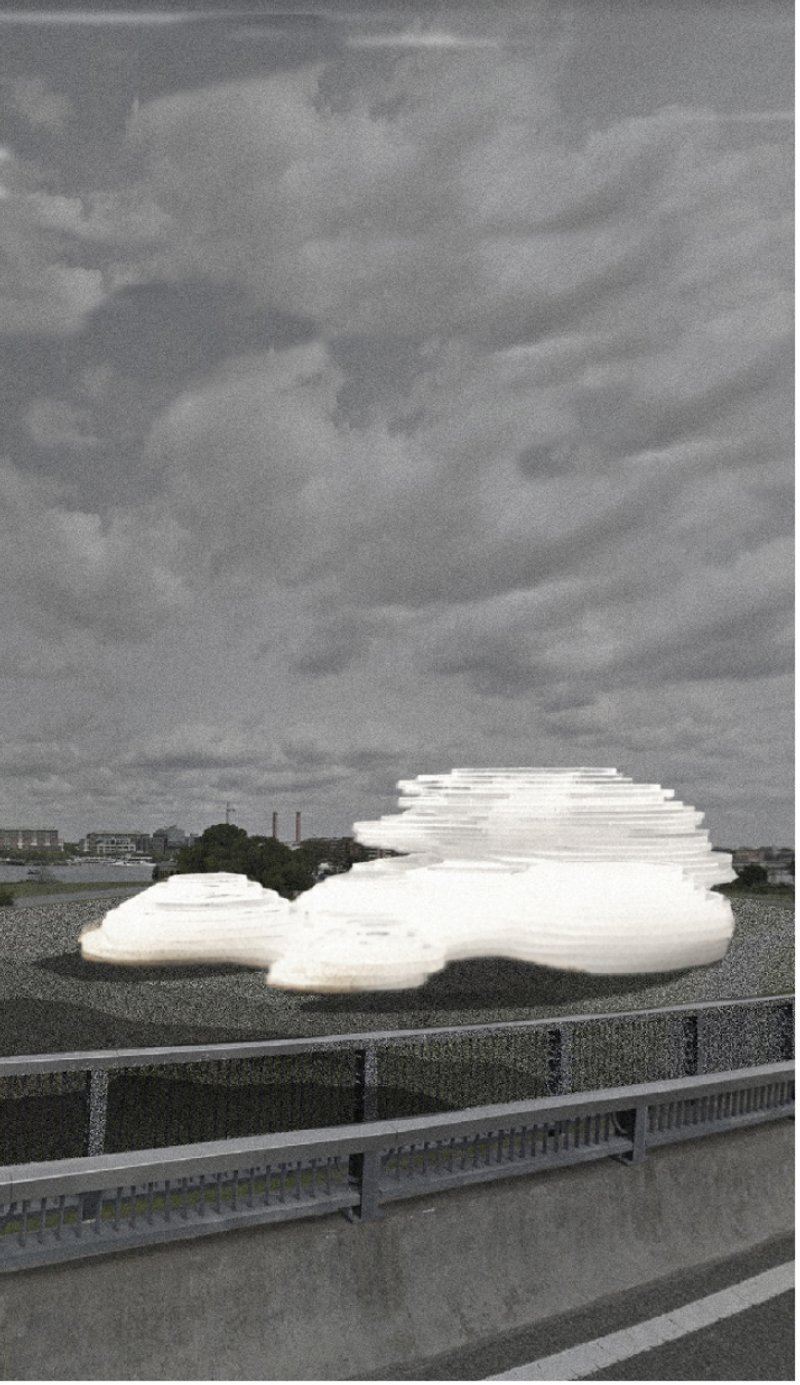 Futuristic architecture emerging from the landscape.