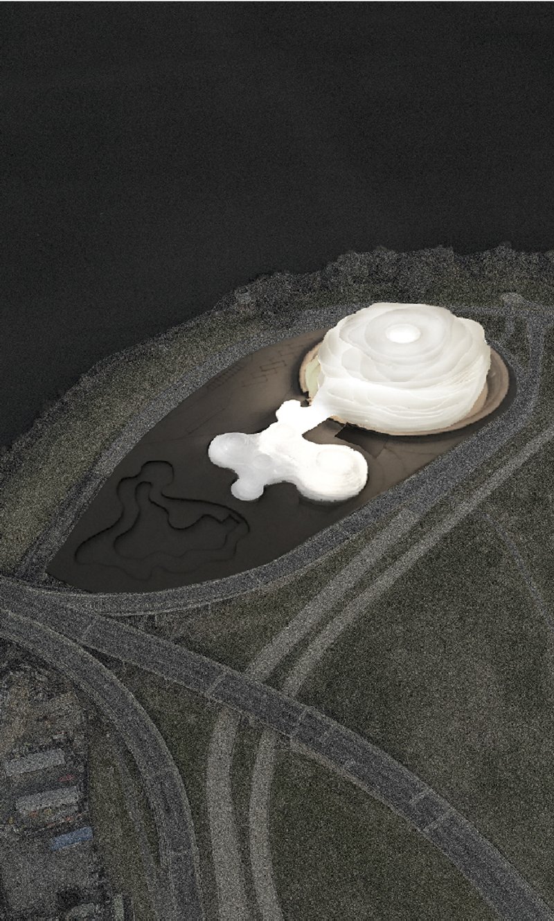 Organic-inspired architectural design illuminated at night.&nbsp;