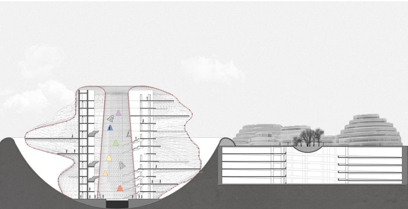 Futuristic architectural section blending nature and innovation.