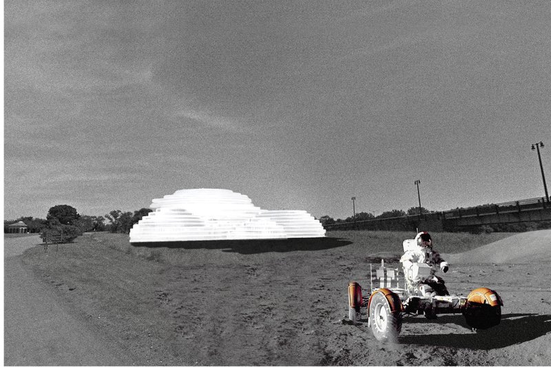 Surreal landscape blending lunar exploration with futuristic architecture.