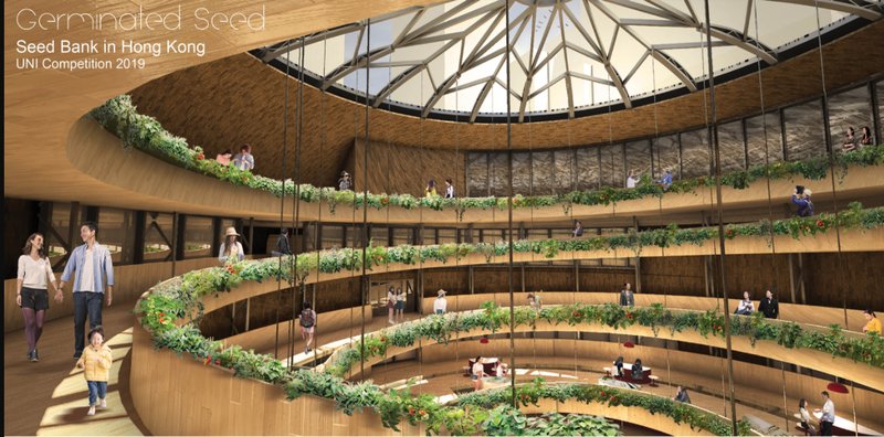 Spiraling green ramp invites visitors to explore sustainable agriculture at every level.