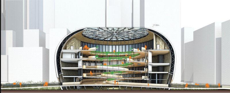 A sectional cut reveals the vertical ecosystem and passive ventilation design.