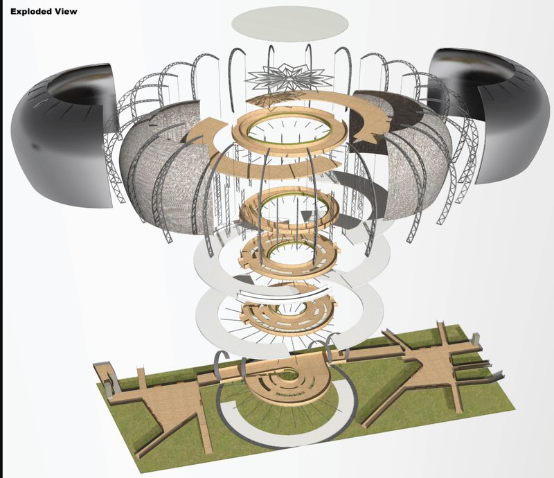 Layered construction showcases the structure's sustainable engineering principles.