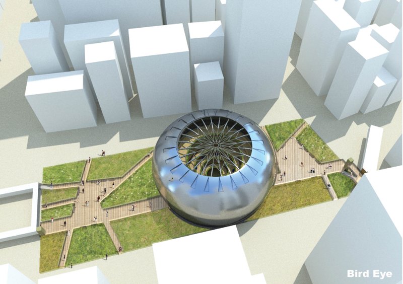 An iconic seed-shaped form embedded in the heart of the cityscape.