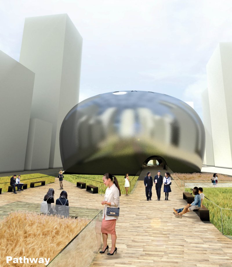 A welcoming pathway guides visitors through fields toward a future of green architecture.
