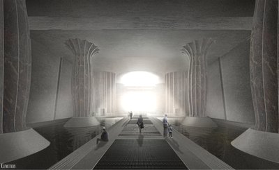 The image depicts an architectural rendering of a cemetery interior, characterized by a modern and m