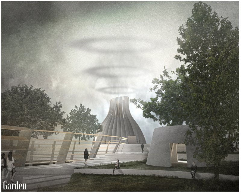 Exterior view of the ribbed tower volume framed by trees with visitors on stepped terraces