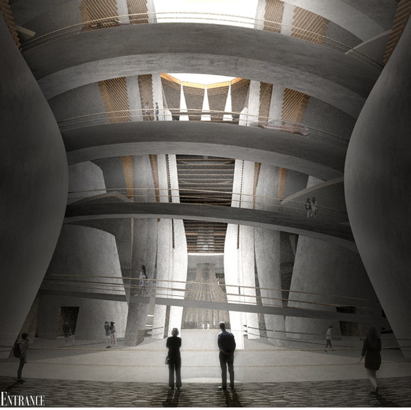 Interior atrium with stacked circular floor plates and visitors silhouetted against bright incoming light