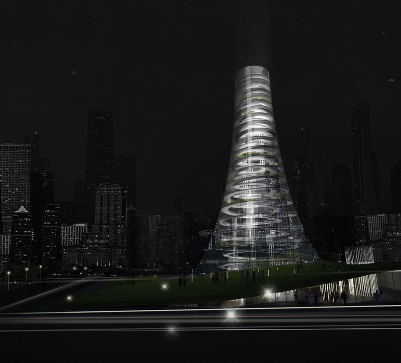 Illuminated Legacy – PRAVIEK at night, blending futuristic architecture with sustainable urban design.