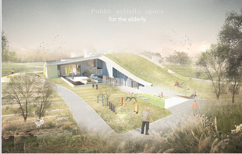 Perspective view of the landscaped roof and public elderly activity space.