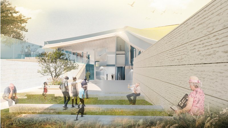 Community steps and garden courtyard designed for intergenerational connection.