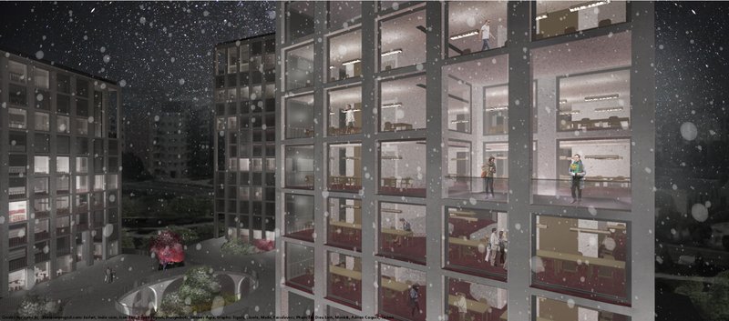 A lively look into the coworking towers at night, highlighting transparency and activity.