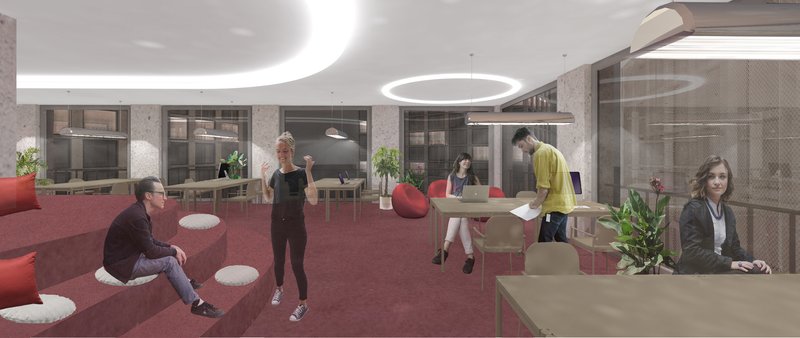 A flexible workspace with zones for collaboration, concentration, and informal meetings.