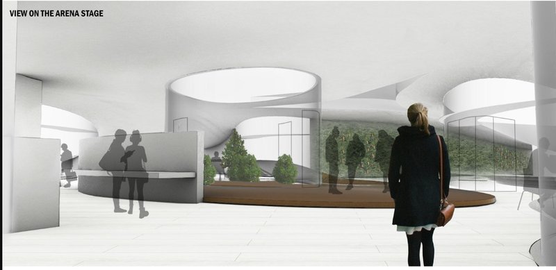 A serene interior with skylit circular openings, encouraging social interaction and indoor planting activities.