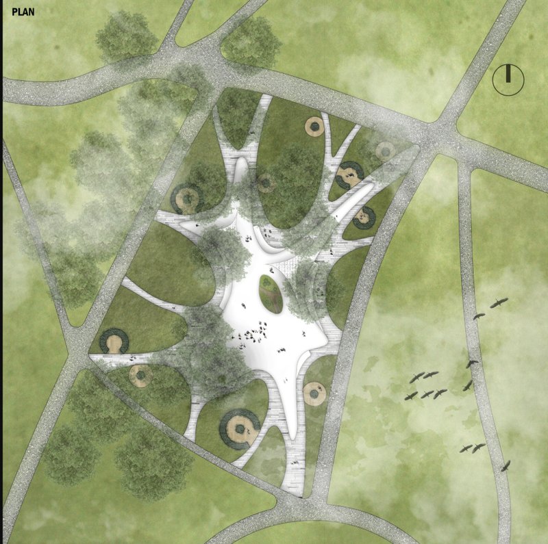 A tree-root-inspired layout organizes space into concentric rings for varied levels of activity and interaction.