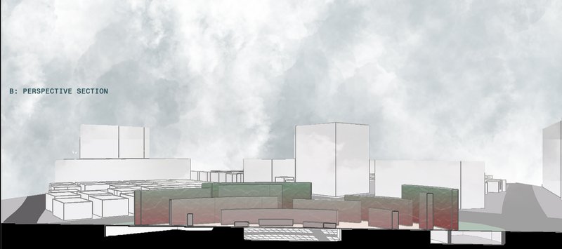 Sectional drawing revealing the spatial layers and immersive depth of the funerary architecture within its urban context.