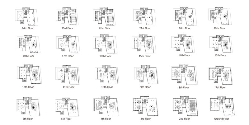 Floor plan drawing set showing twenty-four levels from ground to twenty-fourth floor