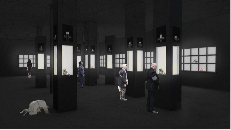 Interior rendering showing visitors among black vertical partitions with illuminated gridded openings