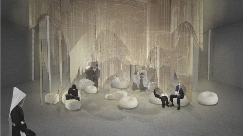 Rendering of a lounge space with suspended translucent curtains and white seating under diffused light