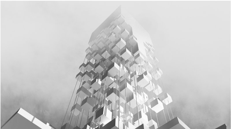 Vertical modules create a fragmented skyline, embodying the essence of flow architecture.